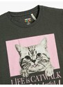 Koton Oversized T-Shirt Short Sleeved Crew Neck Cat Printed Cotton