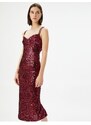 Koton Sequined Dress Midi Length Double Strap Heart Neck Slit Detailed