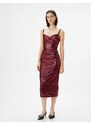 Koton Sequined Dress Midi Length Double Strap Heart Neck Slit Detailed