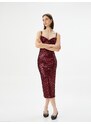 Koton Sequined Dress Midi Length Double Strap Heart Neck Slit Detailed