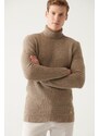 Avva Men's Mink Full Turtleneck Textured Regular Fit Knitwear Sweater