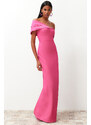 Trendyol Pink Fitted Asymmetric Collar Poplin Detail Long Evening Evening Dress