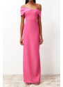 Trendyol Pink Fitted Asymmetric Collar Poplin Detail Long Evening Evening Dress