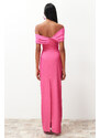 Trendyol Pink Fitted Asymmetric Collar Poplin Detail Long Evening Evening Dress