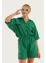 armonika Women's Green Bat Overalls with Sleeves Pockets and Shorts with Elastic Waist