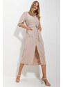 Trend Alaçatı Stili Women's Beige Double Pocket Watermelon Sleeve Aerobin Shirt Dress