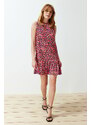Trendyol Red Floral Printed Zero Sleeve Flounce Shift/Plain Ribbed Flexible Knitted Mini Dress