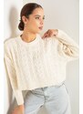 Lafaba Women's Beige Crew Neck Hair Braided Knitwear Sweater