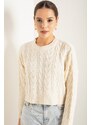 Lafaba Women's Beige Crew Neck Hair Braided Knitwear Sweater