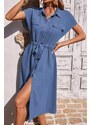 Madmext Blue Shirt Collar Long Dress