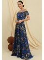 By Saygı Madonna Collar Front Draped Lined Floral Pattern Long Chiffon Dress