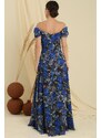 By Saygı Madonna Collar Front Draped Lined Floral Pattern Long Chiffon Dress