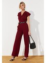 Trendyol Burgundy Belted Double Breasted Collar Wide Leg Woven Jumpsuit