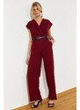 Trendyol Burgundy Belted Double Breasted Collar Wide Leg Woven Jumpsuit