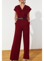 Trendyol Burgundy Belted Double Breasted Collar Wide Leg Woven Jumpsuit