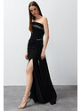 Trendyol Black Single Sleeve Stone Accessory Long Evening Dress