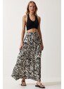 Happiness İstanbul Women's Cream Black Patterned Long Viscose Skirt