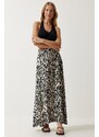 Happiness İstanbul Women's Cream Black Patterned Long Viscose Skirt