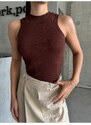 Laluvia Bitter Brown Barbell Neck Ribbed Undershirt