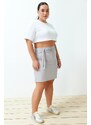 Trendyol Curve Gray High Waist Double Tie Detailed Woven Skirt