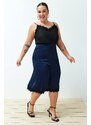 Trendyol Curve Navy Blue Satin Midi Length Lace Woven Skirt