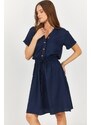 armonika Women's Navy Blue Short Sleeve Shirt Dress with Elastic Waist