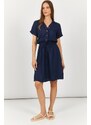 armonika Women's Navy Blue Short Sleeve Shirt Dress with Elastic Waist