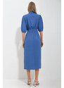 Trend Alaçatı Stili Women's Blue Double Pocket Watermelon Sleeve Aerobin Shirt Dress
