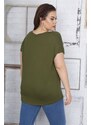 Şans Women's Plus Size Khaki Print Patterned Tulle Detailed Low-Sleeve Viscose Blouse with Pocket