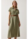 Happiness İstanbul Women's Khaki Belted Woven Dress