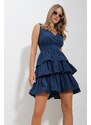 Trend Alaçatı Stili Women's Navy Blue Double Breasted V Neck Tiered Flounce Back Zippered Dress