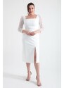 Lafaba Women's White Square Neck Belted Midi Plus Size Evening Dress