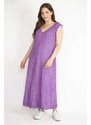 Şans Women's Lilac Plus Size Lace Detailed V-Neck Side Slit Linen Dress