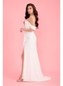 Carmen Ecru Crepe Low Sleeve Slit Long Wedding Dress