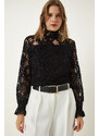 Happiness İstanbul Black High Neck Lace Elegant Blouse