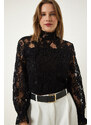 Happiness İstanbul Black High Neck Lace Elegant Blouse