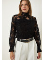 Happiness İstanbul Black High Neck Lace Elegant Blouse