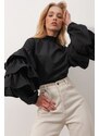 Trend Alaçatı Stili Women's Black Turtleneck Sleeves Flounce Woven Woven Blouse