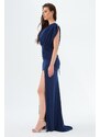 Carmen Navy Blue Sandy Slit Decollete Long Evening Dress