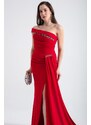 Lafaba Women's Red Boat Neck Stone Long Evening Dress