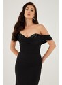 Carmen Black Crepe Pearl Embroidered Promise Dress