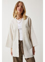 Happiness İstanbul Women's Cream Loose Linen Viscose Kimono