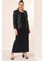 By Saygı Long Crepe Dress with Stones and Lined Collar, Sequin Jacket Plus Size 2-Piece Suit