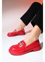 LuviShoes NORMAN Red Patent Leather Stone Buckle Women's Loafer Shoes