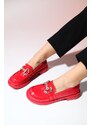 LuviShoes NORMAN Red Patent Leather Stone Buckle Women's Loafer Shoes