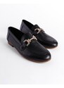 Capone Outfitters Women's Black Genuine Leather Loafer with Gold Buckle