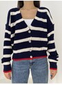 Laluvia Navy Blue Color Striped Cardigan with Stone Buttons