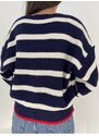 Laluvia Navy Blue Color Striped Cardigan with Stone Buttons