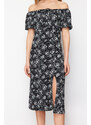 Trendyol Black Printed Slit Carmen Collar Gathered Textured Stretch Knitted Maxi Dress