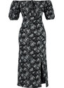 Trendyol Black Printed Slit Carmen Collar Gathered Textured Stretch Knitted Maxi Dress